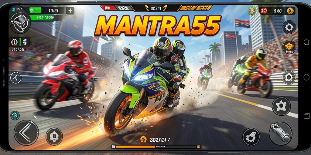 Tampilan gameplay menegangkan dari balapan motor di MANTRA55.