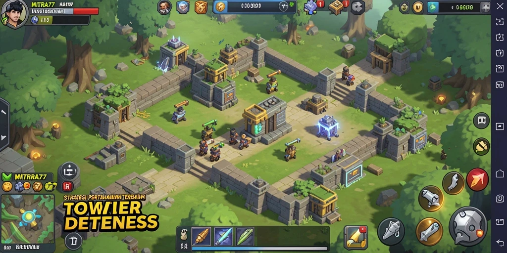 Screenshot gameplay MITRA77 menunjukkan strategi Tower Defense yang mendetail.