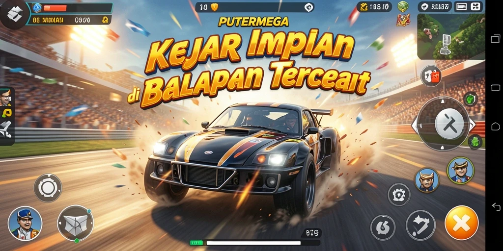 Screenshot utama menampilkan aksi balapan cepat dalam PUTERMEGA.