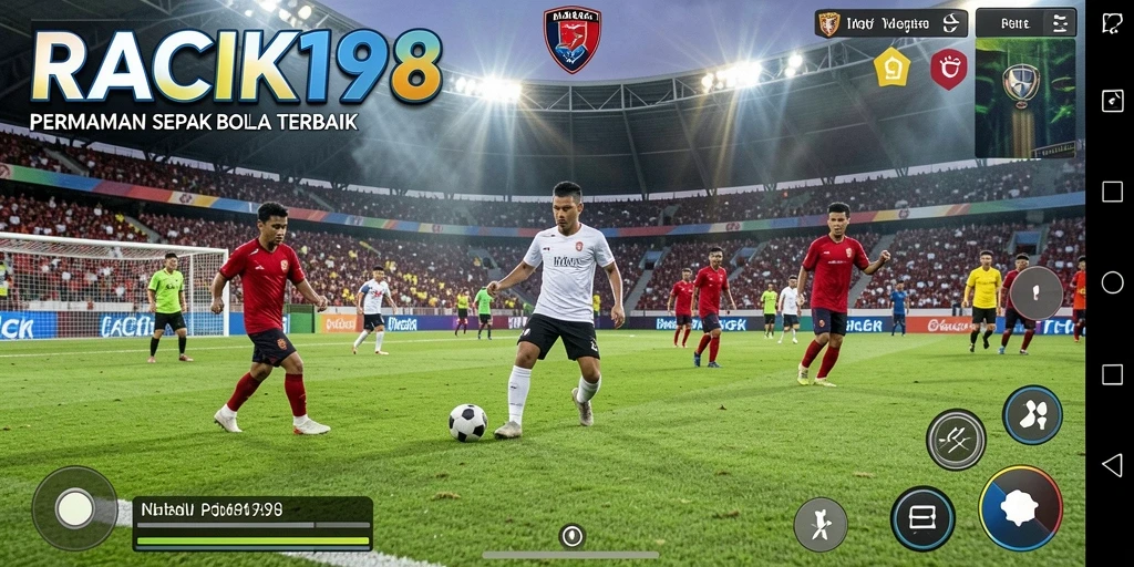 Screenshot utama RACIK198 menampilkan aksi seru di lapangan sepak bola.