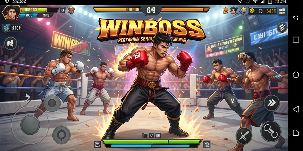 Tangkapan layar dari gameplay mendebarkan dalam WINBOSS, menampilkan aksi pertarungan.